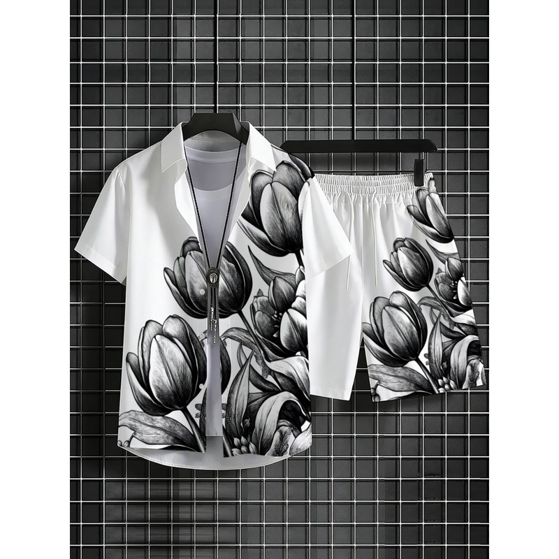 طقم قميص وشورت رجالي أبيض مطبو - مراجعة Resort Shirt Floral وسعره