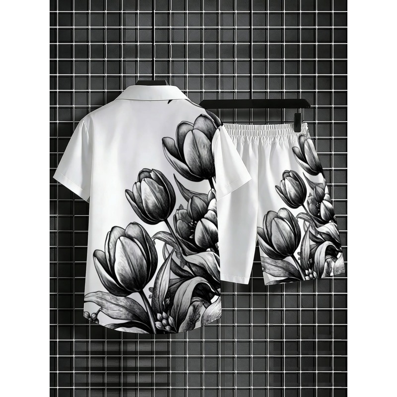 طقم قميص وشورت رجالي أبيض مطبو - مراجعة Resort Shirt Floral وسعره